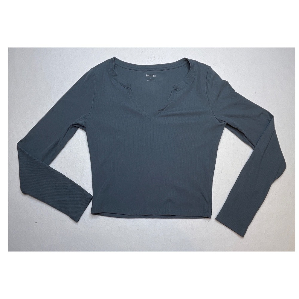 Hollister Women Top Long Sleeve Ribbed Notch Neck Large Gray